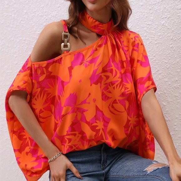 Boho Floral Print Asymmetrical Neck Chain Detail Blouse - Picture 5 of 5